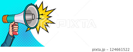 Hand holds megaphone bullhorn in retro pop art comic style Loudspeaker Business banner Hand holds megaphone bullhorn in retro pop art comic style Loudspeaker Business banner 124661522