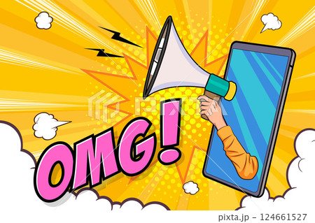Hand holds megaphone bullhorn in retro pop art comic style  Loudspeaker Business banner 124661527