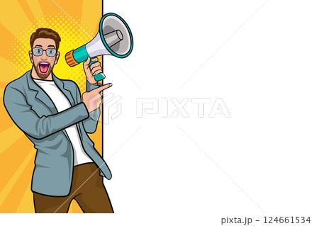 Business man with loudspeaker megaphone announcing discount or sale Special offer shopping time 124661534