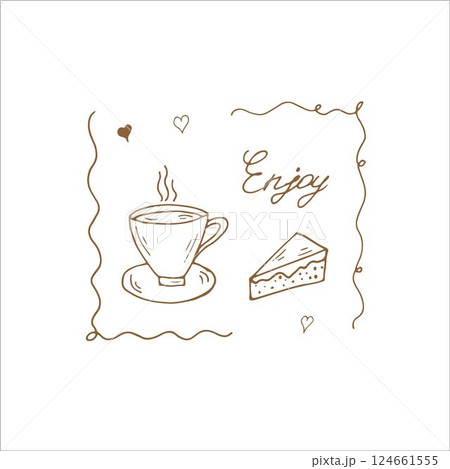 Coffee time poster concept. Coffee party card design. Hand drawn doodle illustration with teapots, cups, sweets and frames Coffee time poster concept. Coffee party card design. Hand drawn doodle illustration with teapots, cups, sweets and frames 124661555