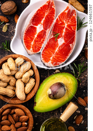 Healthy fat concept. Product with omega 3. 124661597