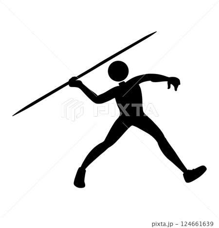 Javelin Thrower Silhouette Vector Illustration. A dynamic black silhouette of a stickman athlete in the motion of throwing a javelin. 124661639