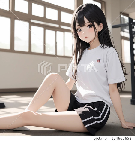 座る体操着の女子生徒 124661652