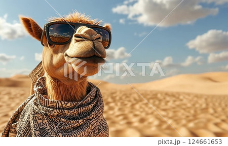 Camel wearing sunglasses poses with style in a sunny desert landscape surrounded by dunes and clouds 124661653