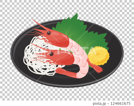 Illustration material of head-on sweet shrimp sashimi served on a plate 124661675
