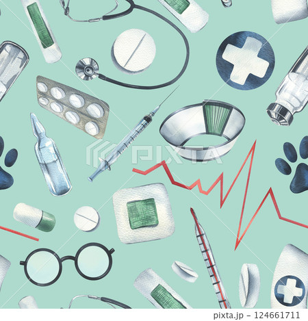 Veterinary medical instruments, medicines, stethoscope, blue cross on a turquoise background. Watercolor illustration, hand drawn. Seamless pattern for wallpaper, packaging, fabric, clothes 124661711