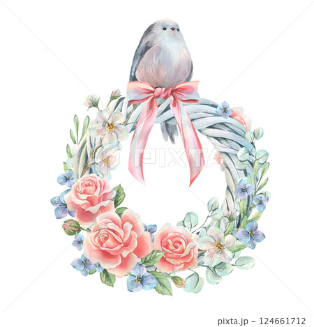 Spring wreath with flowers roses, hydrangea, apple tree, eucalyptus, bow and tit bird. Watercolor illustration hand drawn in soft pastel colors. Round frame, wreath, template isolated from background. 124661712