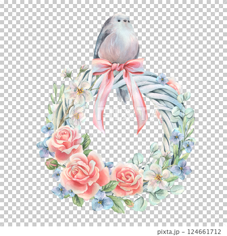 Spring wreath with flowers roses, hydrangea, apple tree, eucalyptus, bow and tit bird. Watercolor illustration hand drawn in soft pastel colors. Round frame, wreath, template isolated from background. 124661712