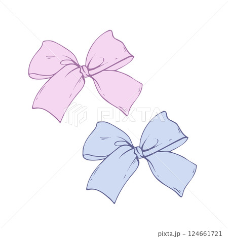 Satin fabric bow, with short wide ribbons. Graphic sketch illustration hand drawn line art, outline in blue and pink. Single isolated element vector EPS, for hair decoration, clothes, gifts, holidays 124661721