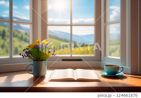 Cozy reading nook with flowers and cup of coffee by window on sunny spring day Cozy reading nook with flowers and cup of coffee by window on sunny spring day 124661870
