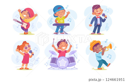 Joyful Kids Engaging in Playful Musical Activities while Surrounded by a Colorful Scene 124661951