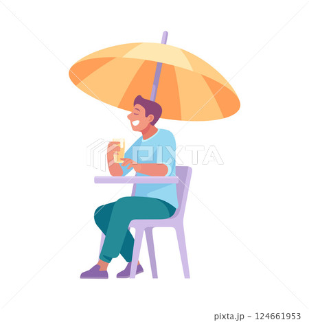 Relaxing at a Caf Under an Umbrella 124661953