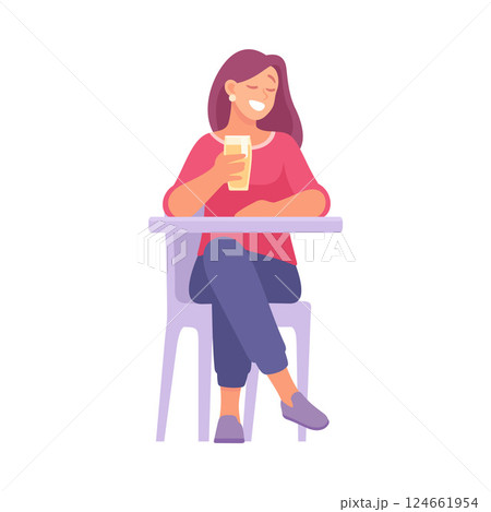 Joyful Woman Enjoying a Drink at a Caf Table 124661954