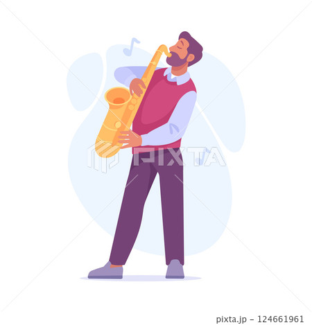 A saxophonist plays jazz passionately in a stylish outfit, capturing vibrant performance energy 124661961