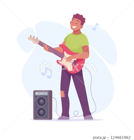 A Joyful Musician Delightfully Playing an Electric Guitar with Enthusiasm and Passion 124661962