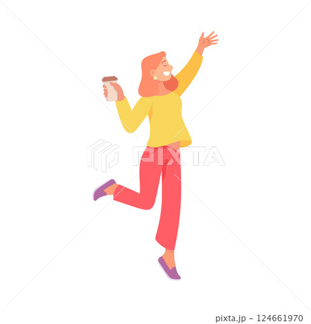A Joyful Woman Enthusiastically Celebrating while Holding a Delicious Coffee in Hand 124661970