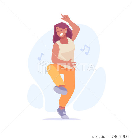 A joyful womans dance moves in her vibrant outfit showcase her enthusiasm and happiness 124661982