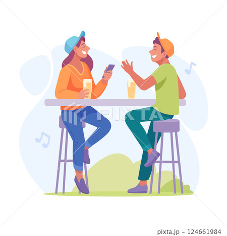 A Casual and Meaningful Conversation Between Two Close Friends Sitting Together at a Vibrant Cafe 124661984