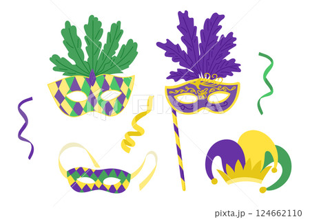 Colorful Mardi Gras masks and jester hat 124662110