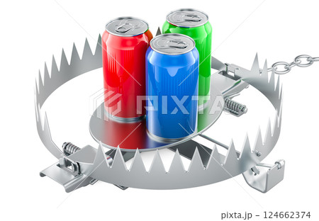 Colored metallic drink cans in bear trap. Sugar, caffeine or alcohol dependence, concept. 3D rendering Colored metallic drink cans in bear trap. Sugar, caffeine or alcohol dependence, concept. 3D rendering 124662374