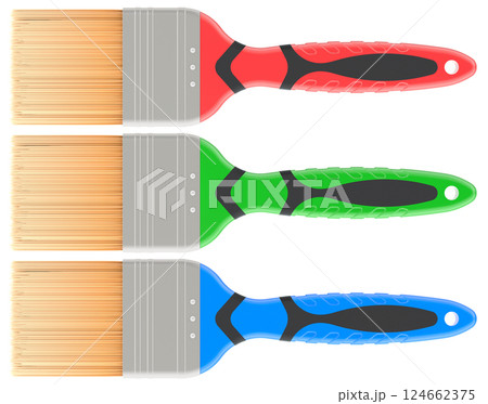Colored Paint Brushes with plastic handles, row. 3D rendering 124662375