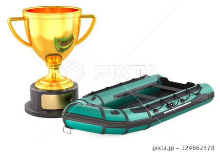 Inflatable lightweight boat with gold trophy cup award, 3D rendering Inflatable lightweight boat with gold trophy cup award, 3D rendering 124662378