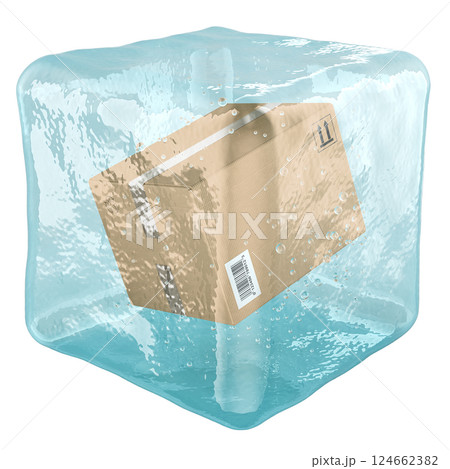 Parcel frozen in ice cube, 3D rendering 124662382