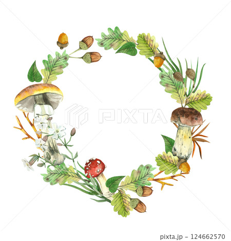 Wreath of mushrooms, birch boletus, porcini mushroom, fly agaric, oak leaves, acorns and flowers. All objects are hand-drawn with watercolors. Watercolor illustration. For invitations, postcards. Wreath of mushrooms, birch boletus, porcini mushroom, fly agaric, oak leaves, acorns and flowers. All objects are hand-drawn with watercolors. Watercolor illustration. For invitations, postcards. 124662570