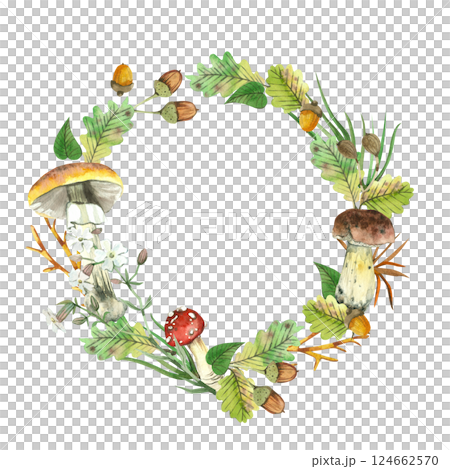 Wreath of mushrooms, birch boletus, porcini mushroom, fly agaric, oak leaves, acorns and flowers. All objects are hand-drawn with watercolors. Watercolor illustration. For invitations, postcards. Wreath of mushrooms, birch boletus, porcini mushroom, fly agaric, oak leaves, acorns and flowers. All objects are hand-drawn with watercolors. Watercolor illustration. For invitations, postcards. 124662570