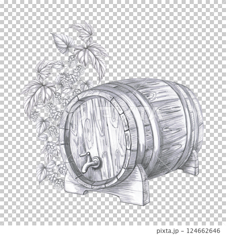 Wooden barrel with tap on the background of hop branch. Isolated pencil illustration for pub design, menu, cookbooks, signs. 124662646