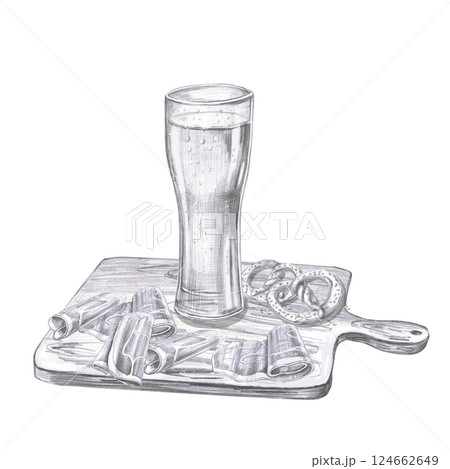 Tall glass of foamy beer on a wooden board with bacon rolls and pretzels. Isolated pencil illustration for pub design, menus, cookbooks, signs. 124662649