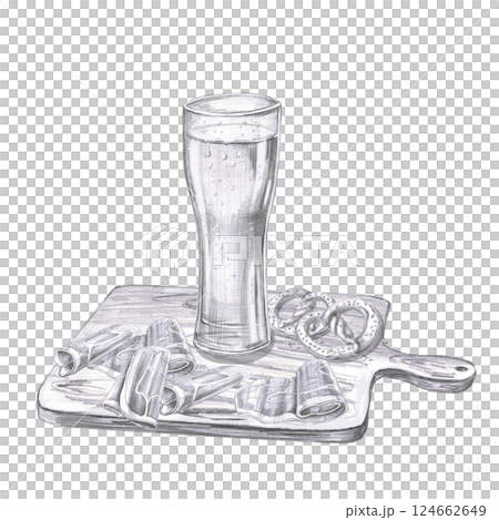 Tall glass of foamy beer on a wooden board with bacon rolls and pretzels. Isolated pencil illustration for pub design, menus, cookbooks, signs. 124662649