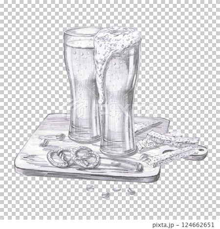 Two tall glasses of foamy beer on a wooden board with pretzels and crackers. Isolated pencil illustration for pub design, menus, cookbooks, signs Two tall glasses of foamy beer on a wooden board with pretzels and crackers. Isolated pencil illustration for pub design, menus, cookbooks, signs 124662651