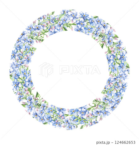 41. Round frame with delicate blue flowers. Isolated watercolor illustration of garden flowers for design of cosmetic products, printing on posters, clothes 124662653