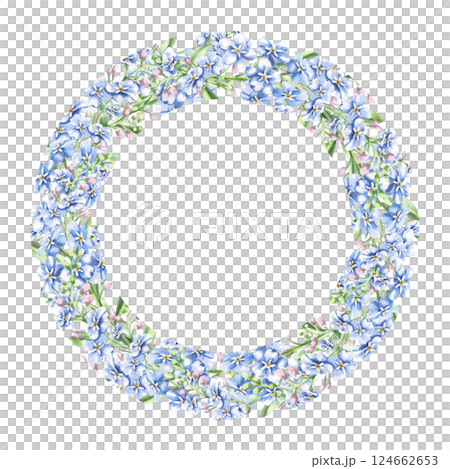 41. Round frame with delicate blue flowers. Isolated watercolor illustration of garden flowers for design of cosmetic products, printing on posters, clothes 124662653