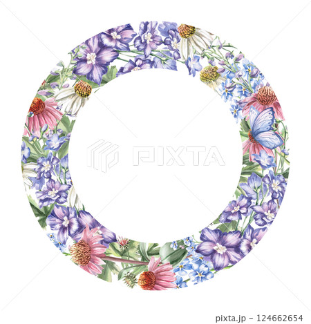 Round frame with various garden flowers and butterfly. Isolated watercolor illustration of garden flowers for design of cosmetic products, printing on posters, clothes Round frame with various garden flowers and butterfly. Isolated watercolor illustration of garden flowers for design of cosmetic products, printing on posters, clothes 124662654