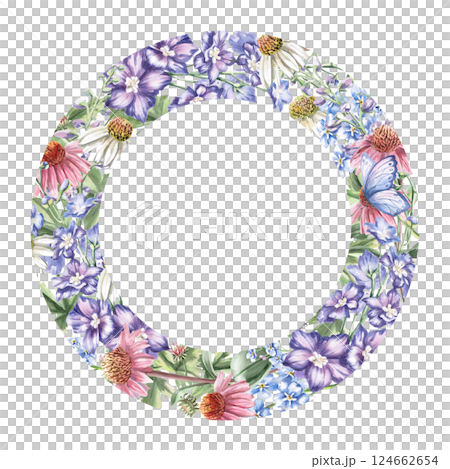 Round frame with various garden flowers and butterfly. Isolated watercolor illustration of garden flowers for design of cosmetic products, printing on posters, clothes Round frame with various garden flowers and butterfly. Isolated watercolor illustration of garden flowers for design of cosmetic products, printing on posters, clothes 124662654