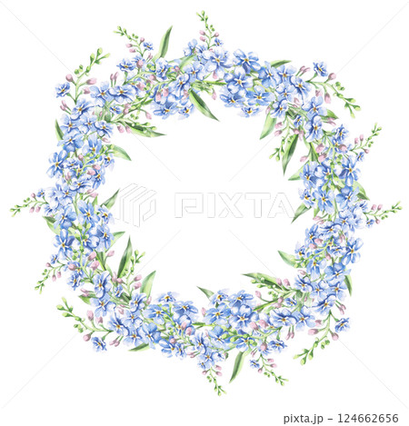 Round frame with forget-me-not flowers. Isolated watercolor illustration of garden flowers for design of cosmetic products, printing on posters, clothes. Round frame with forget-me-not flowers. Isolated watercolor illustration of garden flowers for design of cosmetic products, printing on posters, clothes. 124662656
