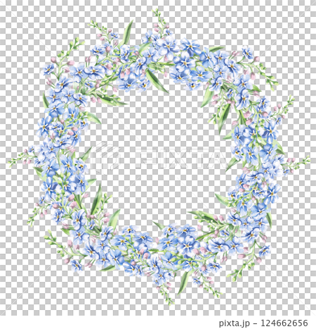 Round frame with forget-me-not flowers. Isolated watercolor illustration of garden flowers for design of cosmetic products, printing on posters, clothes. Round frame with forget-me-not flowers. Isolated watercolor illustration of garden flowers for design of cosmetic products, printing on posters, clothes. 124662656