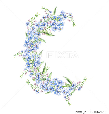 Curved composition with forget-me-not flowers. Isolated watercolor illustration of garden flowers for cosmetic product design, poster printing, clothing 124662658