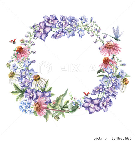 Round frame with bouquet, ladybug and dragonfly. Isolated watercolor illustration of garden flowers for design of cosmetic products, printing on posters, clothes. 124662660