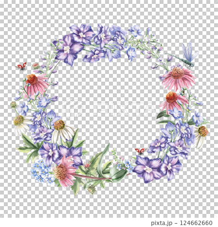 Round frame with bouquet, ladybug and dragonfly. Isolated watercolor illustration of garden flowers for design of cosmetic products, printing on posters, clothes. 124662660