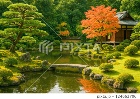 日本庭園の秋：紅葉と池のある静寂な風景 124662706