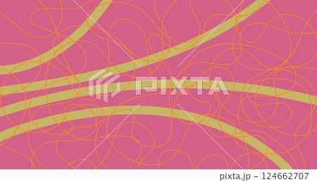 Soft green bold and chaotic curly thin orange lines. Abstract dynamic scribble. Hand-drawn looping lines on a pink background. Vector illustration in flat minimal style Soft green bold and chaotic curly thin orange lines. Abstract dynamic scribble. Hand-drawn looping lines on a pink background. Vector illustration in flat minimal style 124662707