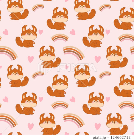 Seamless pattern with kawaii squirrel, rainbow and hearts. Cute wild forest animal on pink background. Adorable character cartoon vector illustration for textile, fabric, packing, print, baby clothing Seamless pattern with kawaii squirrel, rainbow and hearts. Cute wild forest animal on pink background. Adorable character cartoon vector illustration for textile, fabric, packing, print, baby clothing 124662712
