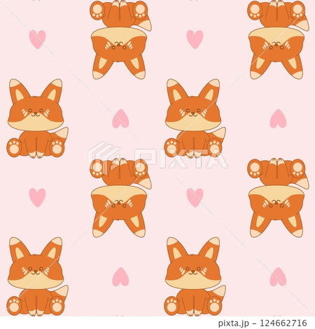 Seamless pattern with kawaii fox and hearts. Cute wild forest animal on pink background. Adorable character cartoon vector illustration for textile, fabric, packing, gift print, baby clothing Seamless pattern with kawaii fox and hearts. Cute wild forest animal on pink background. Adorable character cartoon vector illustration for textile, fabric, packing, gift print, baby clothing 124662716