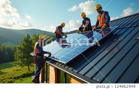 The installation of solar panels on contemporary rooftops is gaining significant attention The installation of solar panels on contemporary rooftops is gaining significant attention 124662949