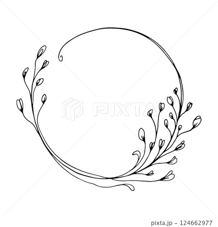 Elegant Floral Round Frame. A graceful round frame decorated with delicate branches and floral elements. Elegant Floral Round Frame. A graceful round frame decorated with delicate branches and floral elements. 124662977