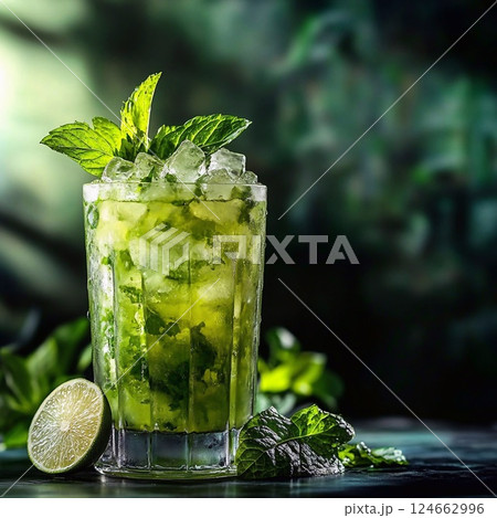 Refreshing mojito with lime and mint in a glass filled with ice. Generative AI Refreshing mojito with lime and mint in a glass filled with ice. Generative AI 124662996