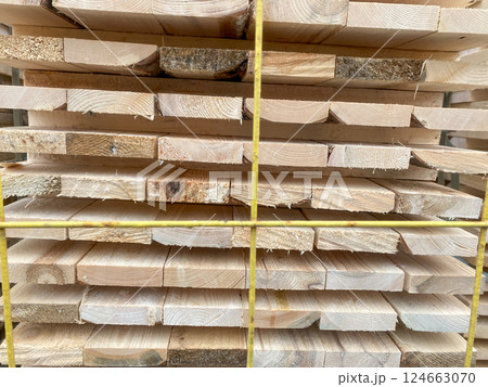 Close-up stack of wooden planks stacked in one place for construction, wooden planks 124663070